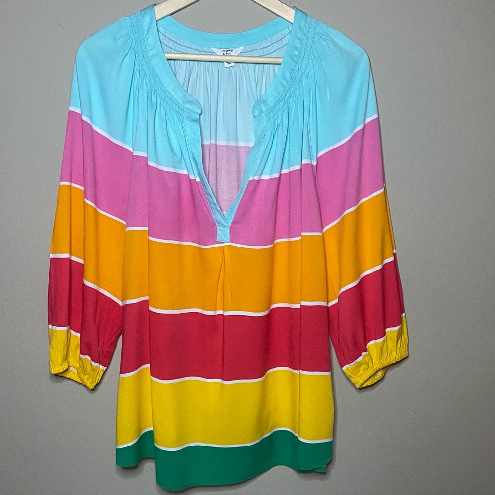 Crown & Ivy Blouse 1X Pink Orange V-Neck Pullover 3/4 Sleeve New